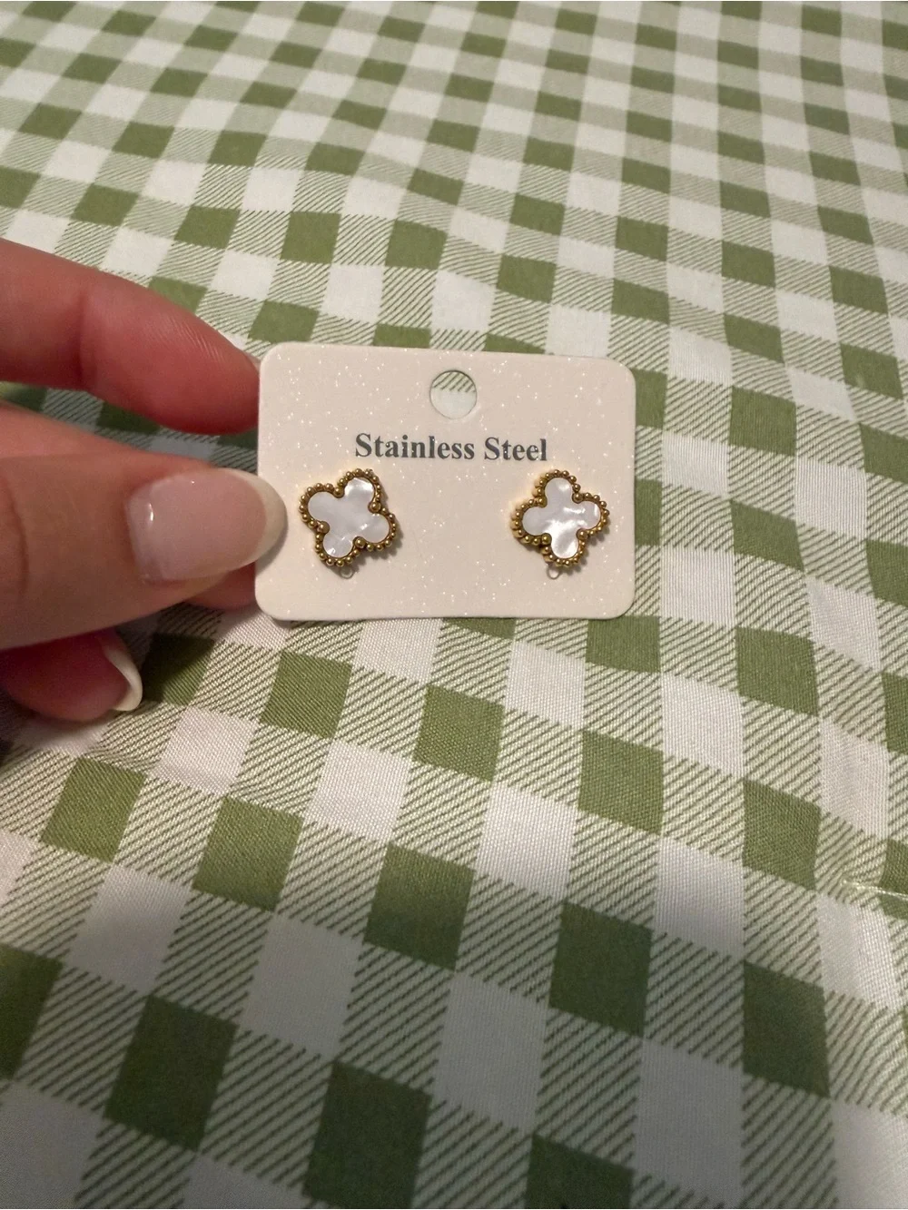 White Mother-of-Pearl Clover Stud Earrings - Gold Trim